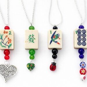 Handmade Vintage Bone and Bamboo Mahjong Tile Pendant Necklace